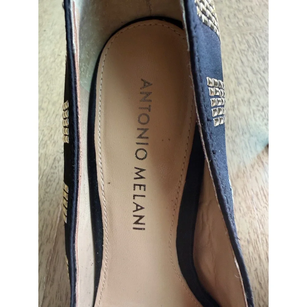 Antonio Melani Womens Black Satin Gold Studded Pointed Toe Stiletto Pumps  6.5